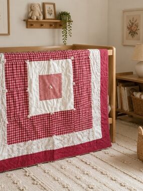 Red & White Patchwork Homemade Baby Quilt
